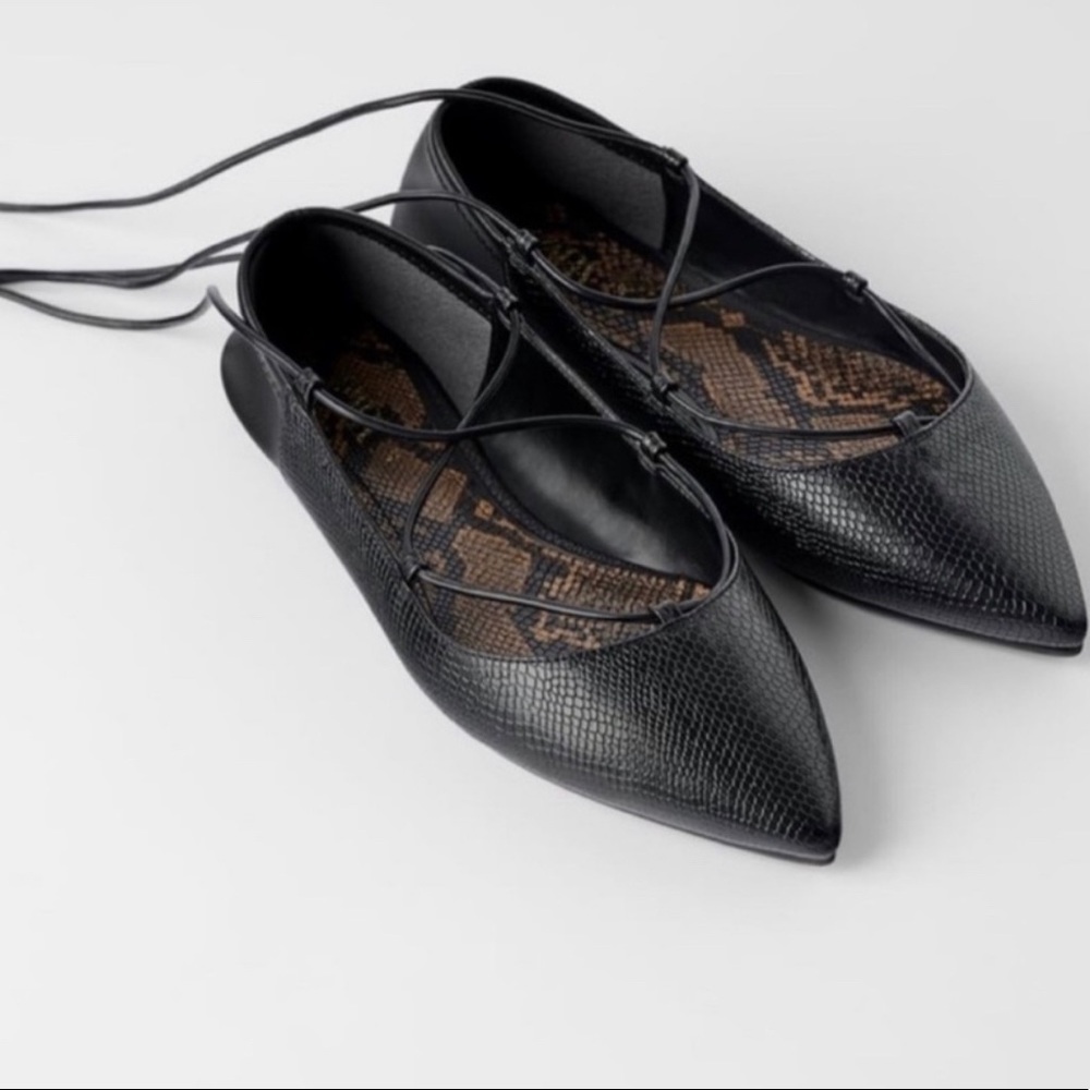 ZARA Black Pointed Toe Animal Print Strappy Flats